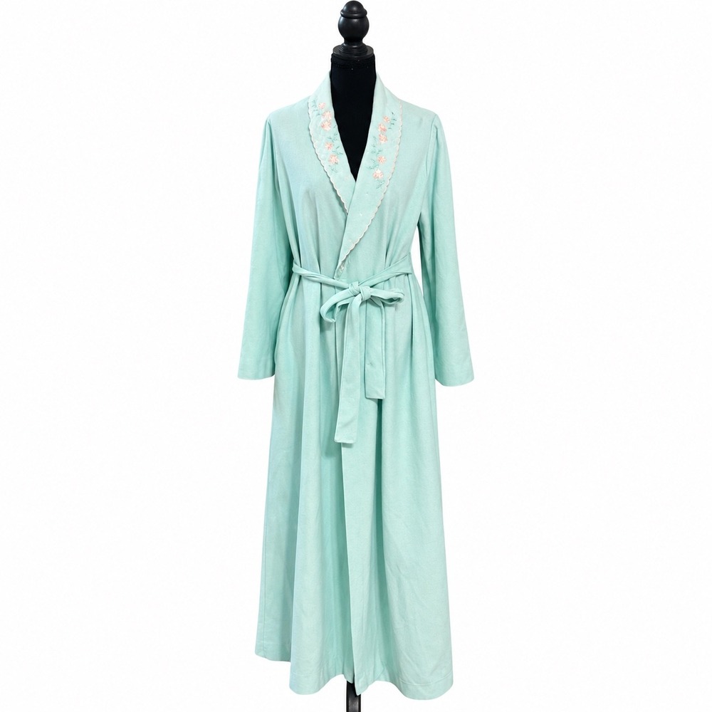 Vintage Shadowline Robe Aqua Blue Pink Floral Embroidered Long Dressing Gown